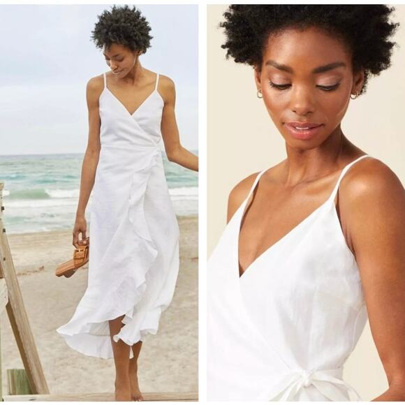 J. MCLAUGHLIN Emilia Linen Ruffle Wrap Maxi Dress White Sz L {ZZ51} - Picture 1 of 8